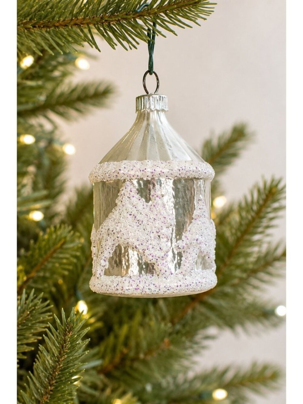 Vintage Germany White Glitter Lantern Cottage Glass Christmas Ornament 2 1/2"